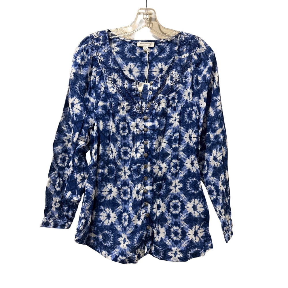 Beachlunchlounge Blue White Tie Dye Cotton Button Down Blouse XS NWT